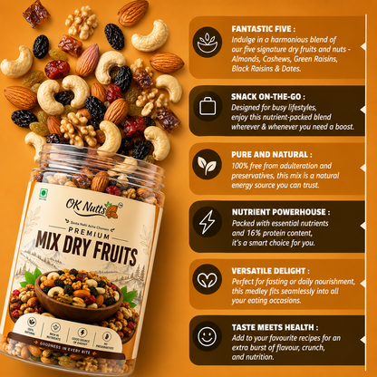 Healthy Nutmix, Dried Almonds, Black Raisins, Cashewnuts, Cranberries, Green Raisins, Walnut Kernels & Many More.