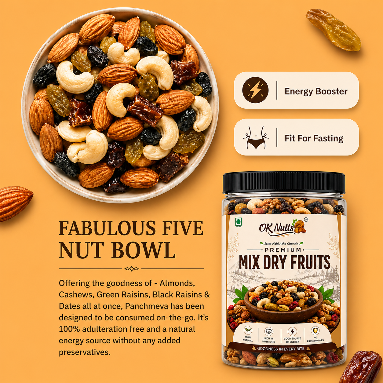 Healthy Nutmix, Dried Almonds, Black Raisins, Cashewnuts, Cranberries, Green Raisins, Walnut Kernels & Many More.