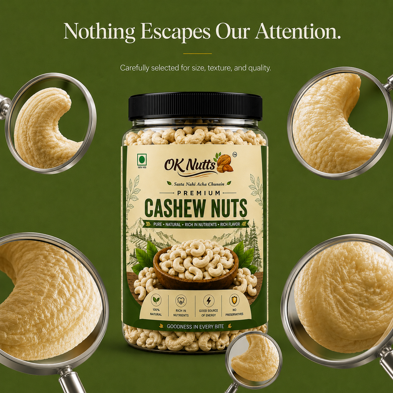 Premium Whole Cashew Nuts (Kaju) – Natural, Crunchy, Gluten Free Dry Fruits | OK Nutts