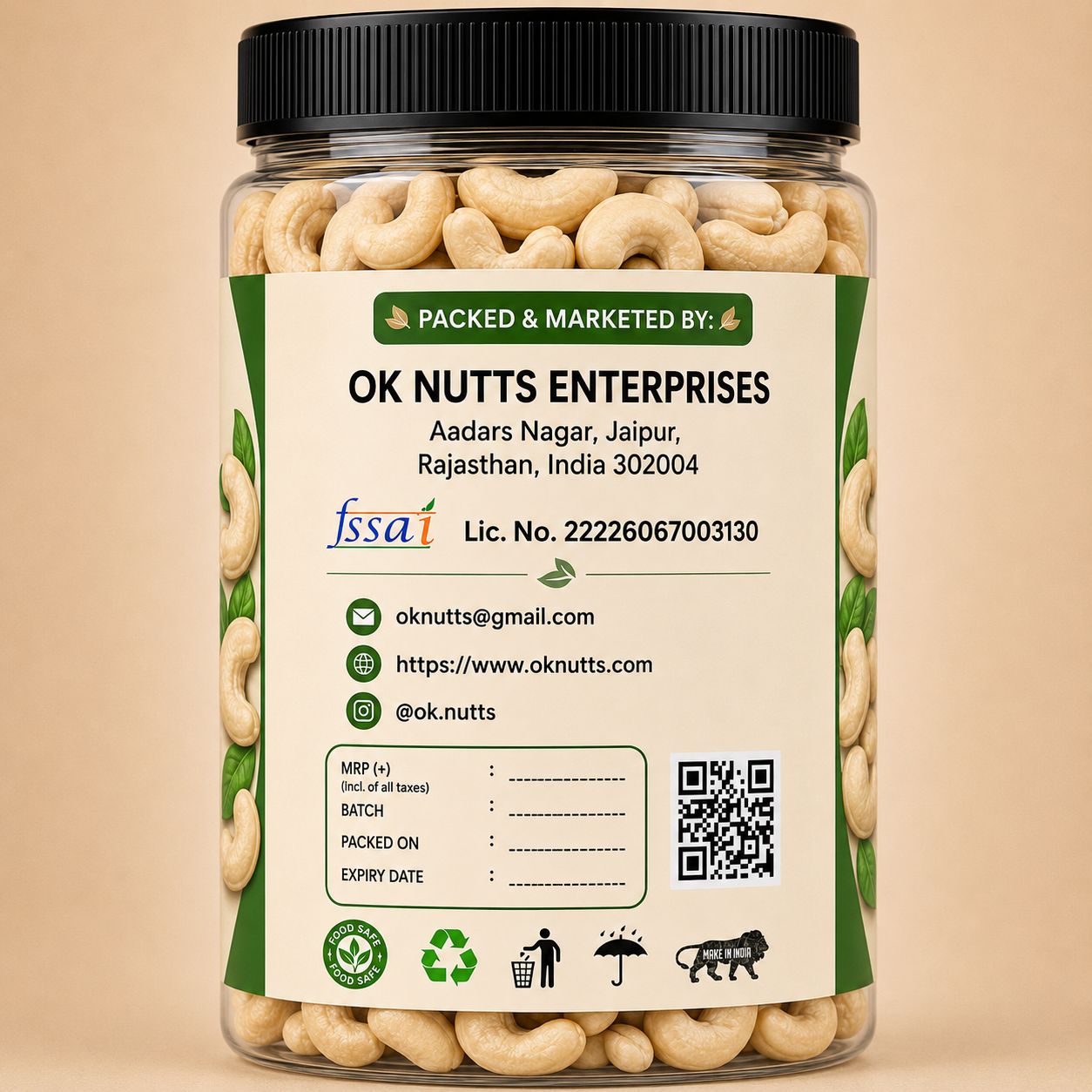 Premium Whole Cashew Nuts (Kaju) – Natural, Crunchy, Gluten Free Dry Fruits | OK Nutts